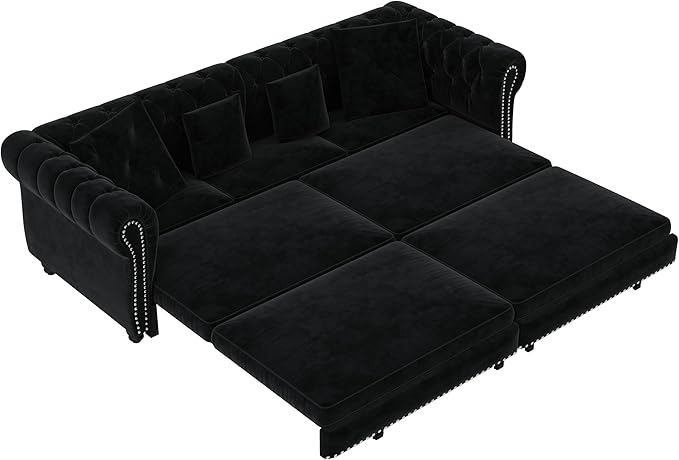 Eafurn 3 in 1 Oversized Chesterfield Loveseat Sofa Convertible Pull Out Sleeper Sofabed King Size Couch Bed w/Movable Ottoman and Nailhead Trim for Living Room Tufted Velvet Recliner Daybed Sofacama