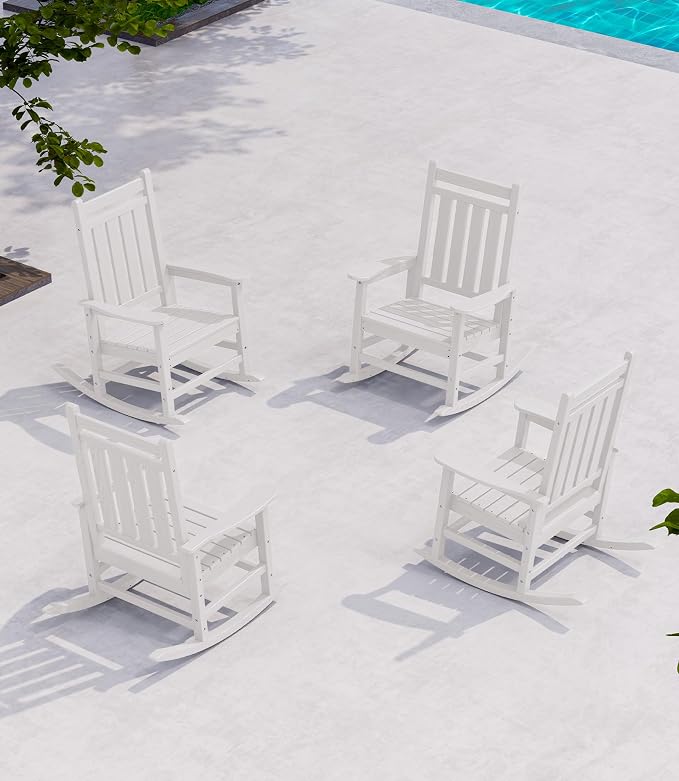 SERWALL Oversized Outdoor Rocking Chair Set of 4, HDPE Rocker for Adults, Patio Rocking Chairs for Porch, White by SERWALL