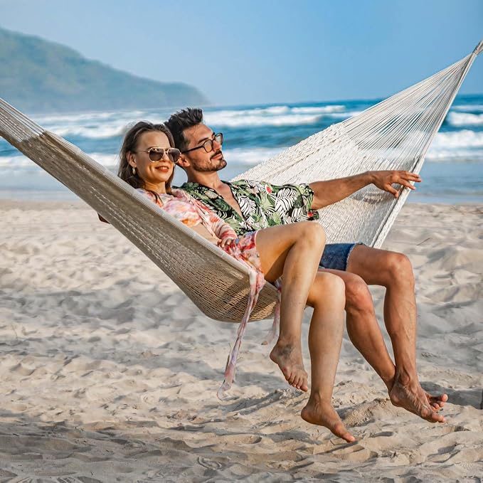 Lazy Daze Hammocks Handwoven Mayan Hammock, 10.5 FT Soft Rope Double Hammocks, Portable Outdoor Hammock with Carry Bag, 2 Straps & Carabiners for Patio Outside, 550 lbs Weight Capacity, Natural - Image 2