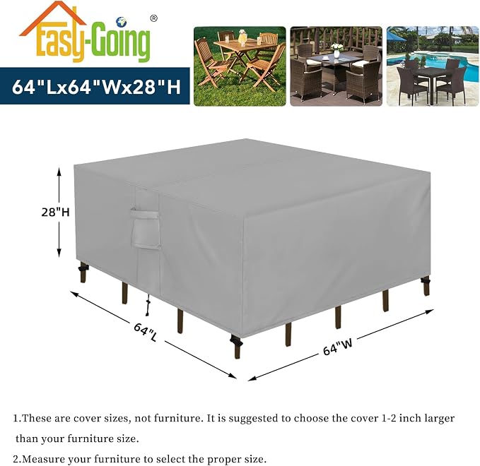 Easy-Going Square Patio Furniture Cover Waterproof Outdoor Dining Table and Chair Cover Anti-UV Outside Sectional Sofa Set Covers (64"L x 64"W x 28"H, Grey) - Image 2