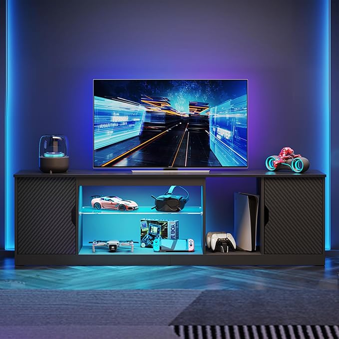 Bestier LED TV Stand with Storage for 65/70/75 Inch TV, Gaming Entertainment Center with Adjustable Glass Shelf for PS5 Xbox, Modern TV Console Table for Living Room, Black Large TV Stand Table by Bestier