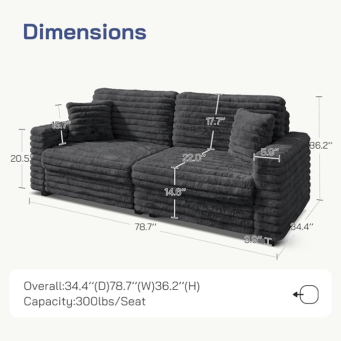 Plush Corduroy Loveseat Sofa, Fluffy Love Seat Sectional Couch, Oversized Deep Seat Sofa with 2 Pillows, Apartment and Small Space Sofas, Dark Grey