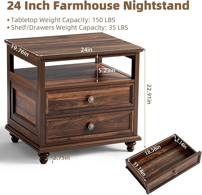 Joaxswe 24" Wide Farmhouse Night Stand Set of 2,Large End Table with 2 Drawers & Metal Handle,Brown Wood Dresser for Bedroom, Bed Side Table Chest of Drawers Cabinet, Nightstand for Living Room,Closet - Image 3