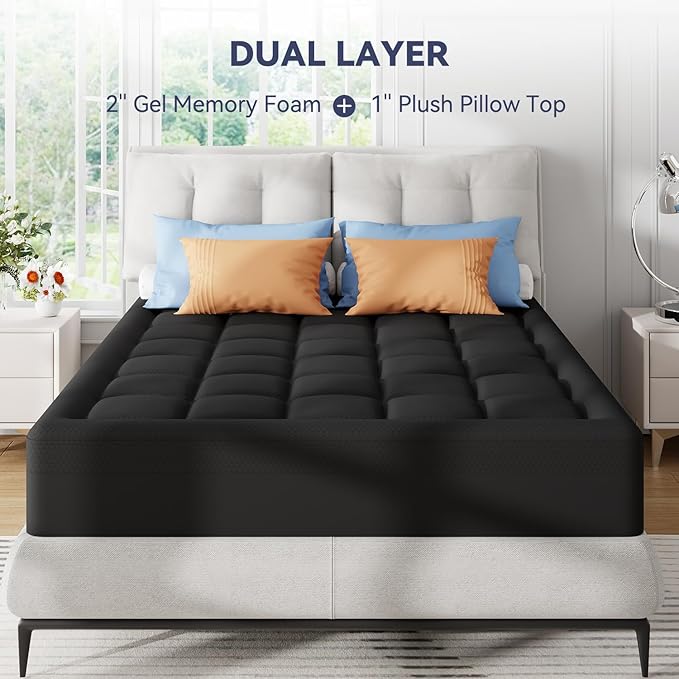 Dual Layer Memory Foam Mattress Topper King,2 Inch Gel Memory Foam and 1 Inch Cooling Pillow Top Mattress Pad Cover for Back Pain, Medium Support,Black