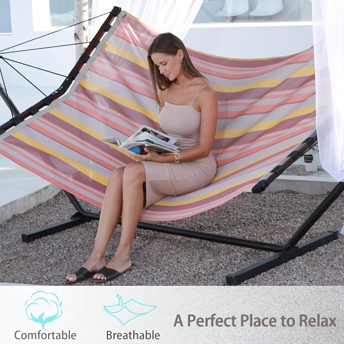 TegerDeger 12FT 2 Person Hammock Large Hammock Quick Dry 450LB Capacity with V Shaped Hardwood Spreader Bar & Nylon Rope for Outside, Patio, Garden, Backyard, Beach, Poolside - Coral Red Stripes - Image 2