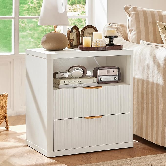 LEYAOYAO Fluted Nightstand Set of 2 with Charging Station, 23" Wide 2 Drawers End Table,Antique White Dresser for Bedroom,Bed Side Table Chest of Drawers Cabinet,Wood Night Stand for Living Room - Image 5