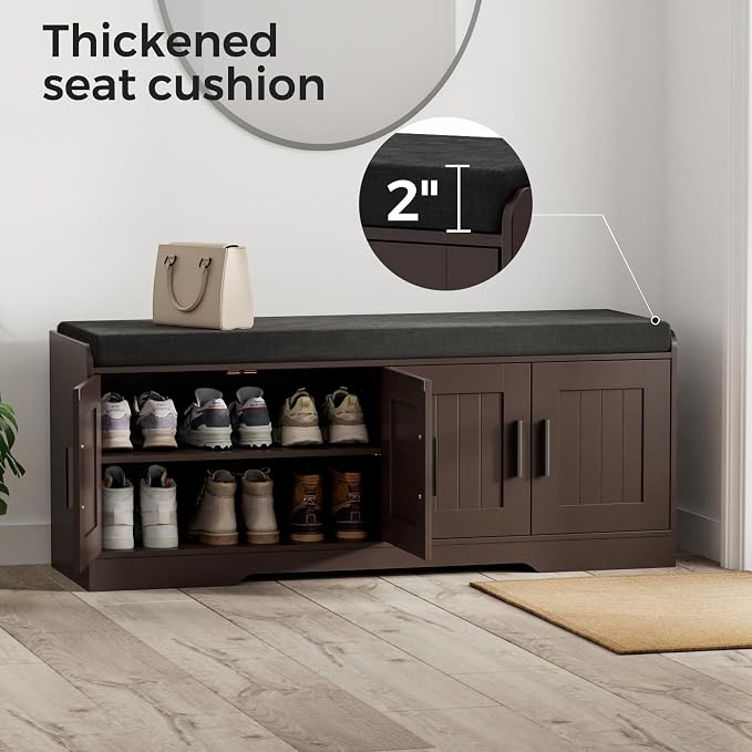 Homleke 2-Tier Storage Bench, Shoe Bench with Thickened Padded Seat Cushion, Entryway Bench with 4 Doors, Adjustable Shelf, 13.8" D x 45.3" W x 18.5" H, for Entryway, Living Room, Bedroom, Brown - Image 5