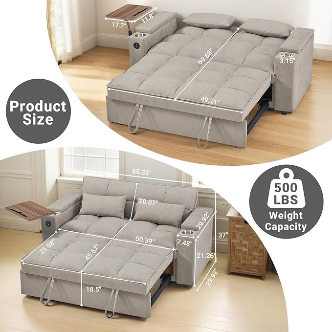 3 in 1 Sofa Bed, 65 Inches Convertible Loveseat Sleeper with Side Table, Pull Out Couch with 3 Level Adjustable Backrest, Chaise Lounge with USB and Type-C Ports for Living Room, Khaki