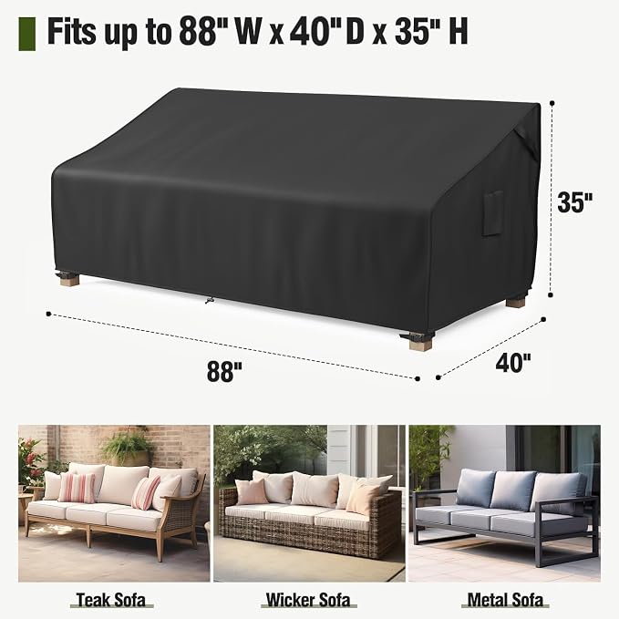 MR.COVER 3-Seater Outdoor Couch Cover, Patio Furniture Covers Waterproof, Fits up to 88W x 40D x 35H inches, with Air Vent and Handles, Black - Image 2
