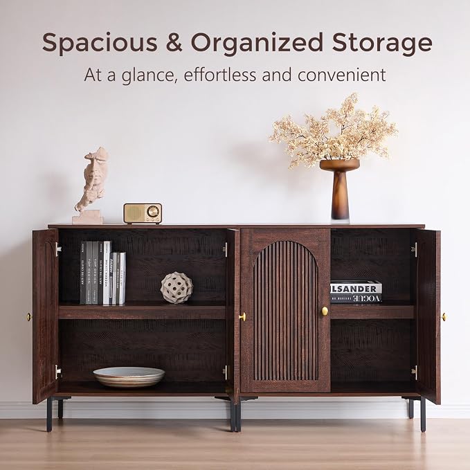 IFGET Modern TV Stands for 85 Inch TVs, 123.5‬"W Wood Entertainment Center w/Adjustable Shelves, Mid Century Modern TV Stand w/Arched Fluted Doors, Media Console Cabinet for Living Room, Brown - Image 3