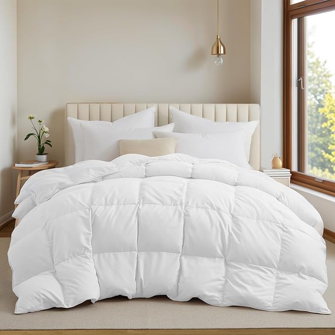 UNIKOME Goose Feather Down Fiber Comforter - All Season Duvet Insert King with Soft Downproof Cover, Cloud-Like Fluffiness Bed Comforters with Corner Tabs (King, White, 88"X104")