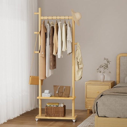 Taitiy Coat Rack Freestanding Clothing Rack with Wheels & 2 Shelves Storage & 5 Hooks Heavy Duty Clothes Rack Wood Coat Tree Stand Hat Hanger Rack for Corner Bedroom Entryway Living Room Hotel Size L by Taitiy