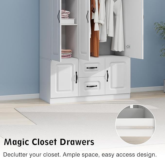 Wooden Armoire Wardrobe Closet：Modern Armoire Wardrobe Closet with 3 Doors, 2 Drawers and Hanging Rods for Tall Cabinet, Large Capacity Clothes Storage Cabinet for Bedroom Home, White