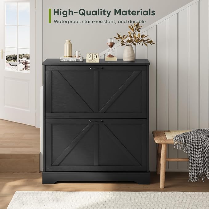 Smart FENDEE Shoe Cabinet, Shoe Storage Cabinet for Entryway with 2 Flip Drawers, Narrow Farmhouse Shoe Organizer Cabinet, Slim Shoe Rack Cabinet, 31.5in Black - Image 3