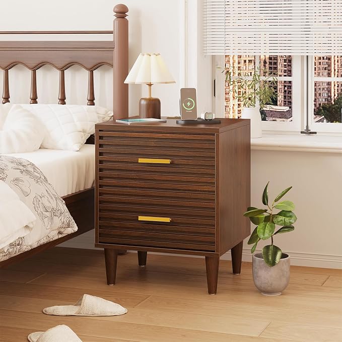 Alohappy Night Stands with Charging Station Set of 2, Mid Century Modern Nightstands, Wooden Bedside Table for Bedroom, End Table with Storage Drawers, Bed Side Table with USB Outlets, Brown 2pcs - Image 4