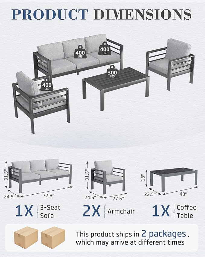 AECOJOY Aluminum Patio Furniture Set, 5 Seats Modern Outdoor Furniture with Coffee Table, 4 Pieces Metal Conversation Sectional Sofa, Light Gray