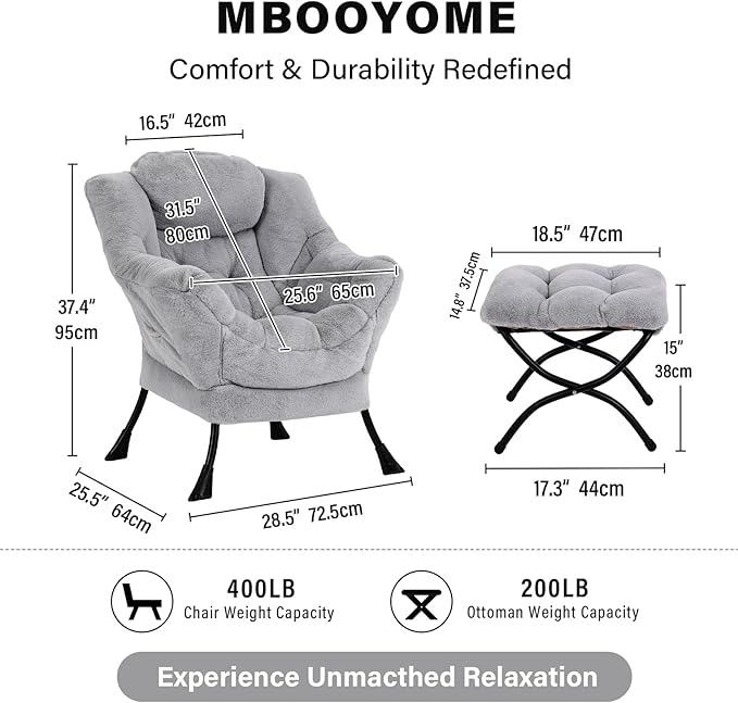 MBOOYOME Lazy Chair with Folding Ottoman, Modern Accent Armchair with Armrests and a Side Pocket & Foldable Footstool, Reading Chair for Living Room, Bedroom, Dorm & Office, Plush Grey