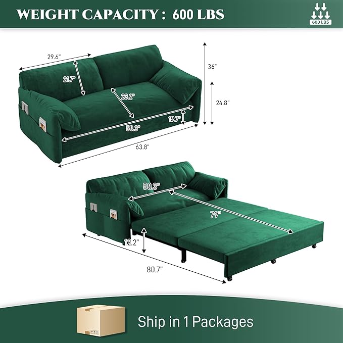Ball & Cast 63.8" Pull Out Sofa Bed, 3-in-1 Convertible Sleeper Sofa with Side Storage Pockets,Multi-Functional Velvet Loveseat Bed for Living Room,Bedroom,Apartment,Office,Green