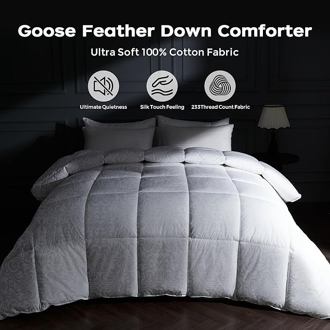 puredown® Goose Feather Comforter,Duvet Insert, Gusseted Ultra-Soft Noiseless Shell Medium Warmth Bedding Comforters (White-All Season, King)