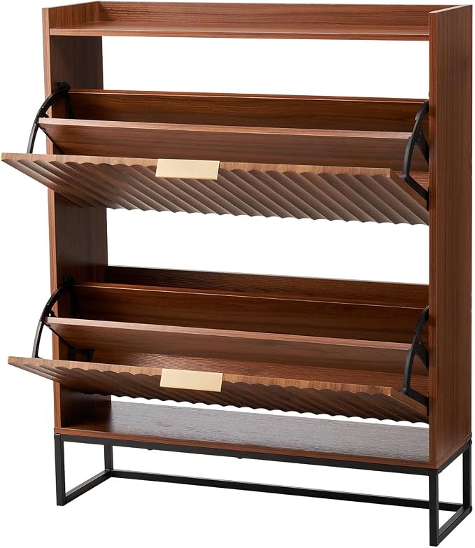 VEVOR Shoe Cabinet with 2 Flip Drawers, Mid-Century Shoes Storage Cabinet with Anti-Tipping Device, Freestanding Fluted Shoe Organizer, Ideal for Entrance, Hallway, Bedroom, Living Room, Walnut - Image 9