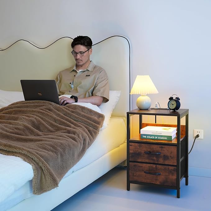 Yoobure Nightstand with Charging Station, LED Night Stand with Fabric Drawers and Storage Shelf for Bedroom, Nightstands Bedside Tables with USB Ports & Outlets, Small Night Stands, Bed Side Table - Image 2