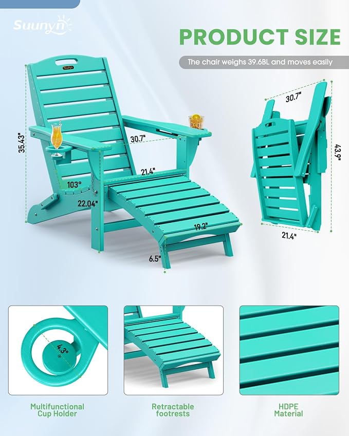 Folding Adirondack Chair with Retractable Ottoman Weather Resistant Fire Pit Chair Patio Chair with 2 Cup Holder Lawn Outdoor Lounge Chair (Lake Blue) - Image 3