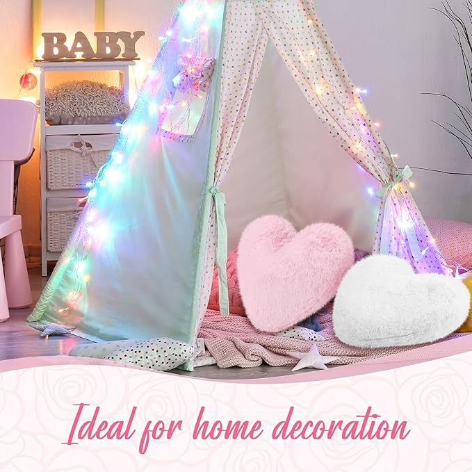 Marsui 2 Pcs Heart Throw Pillows, Soft Fluffy Faux Fur Decorative Hearts Shaped Pillows for Living Room Sofa Bed, Cute Heart Themed Gift for Women(Shrimp Pink, White,11.81 x 11.02 Inch)