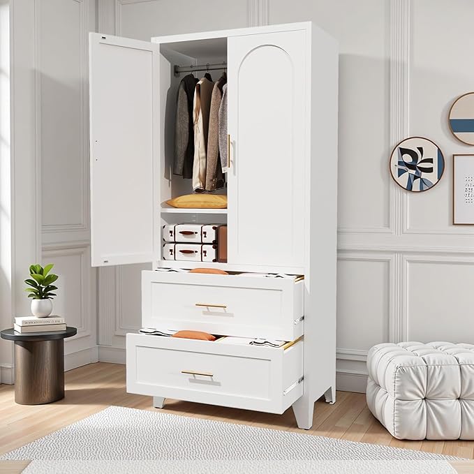 71" Metal Armoire Wardrobe Closet with 2 Drawers, Freestanding Arched 2-Door Tall Clothing Storage with Adjustable Shelves and Hanging Rod for Bedroom Dorm, White