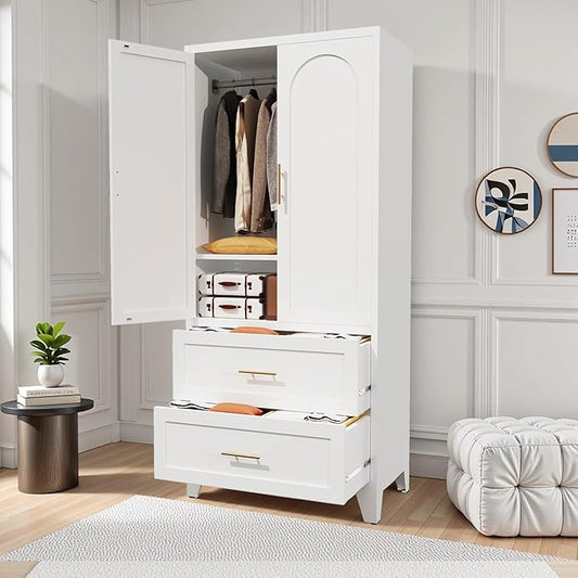 71" Metal Armoire Wardrobe Closet with 2 Drawers, Freestanding Arched 2-Door Tall Clothing Storage with Adjustable Shelves and Hanging Rod for Bedroom Dorm, White