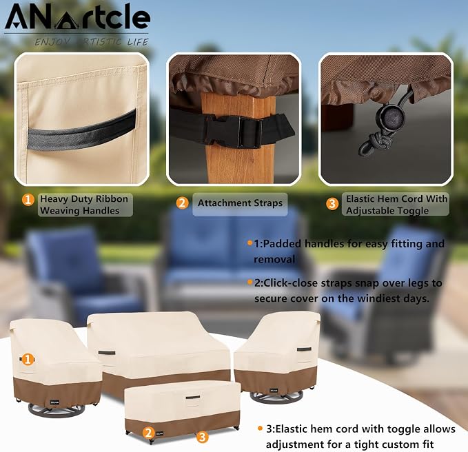 ANartcle Patio Furniture Covers 4 Piece Set, 600D Waterproof Heavy Duty Outdoor Furniture Covers,Fit Wicker Patio Loveseat, Swivel Rocker Chair and Coffee Table,Beige&Brown - Image 3