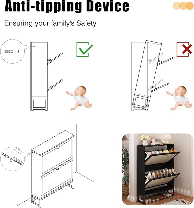AVZEAR Narrow Shoe Cabinet with 2 Flip Drawer, Freestanding Shoe Organizer Shoe Cabinet Storage for Entryway, Slim Shoe Storage Shoe Rack for Closet with Linen Doors in Hallway, Living Room(Black) - Image 6
