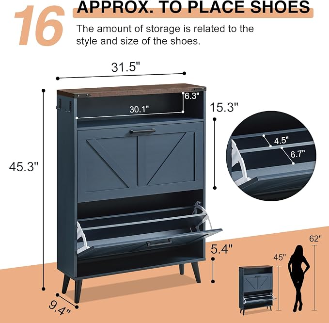 Barnyatoh Shoe Storage Cabinet,Farmhouse Shoe Organizer with 2 Flip Drawers & Barn Door Design,Freestanding Hidden Slim Narrow Shoe Rack Cabinet with Open Storage for Entryway, Foyer,Hallway,Navy Blue - Image 2