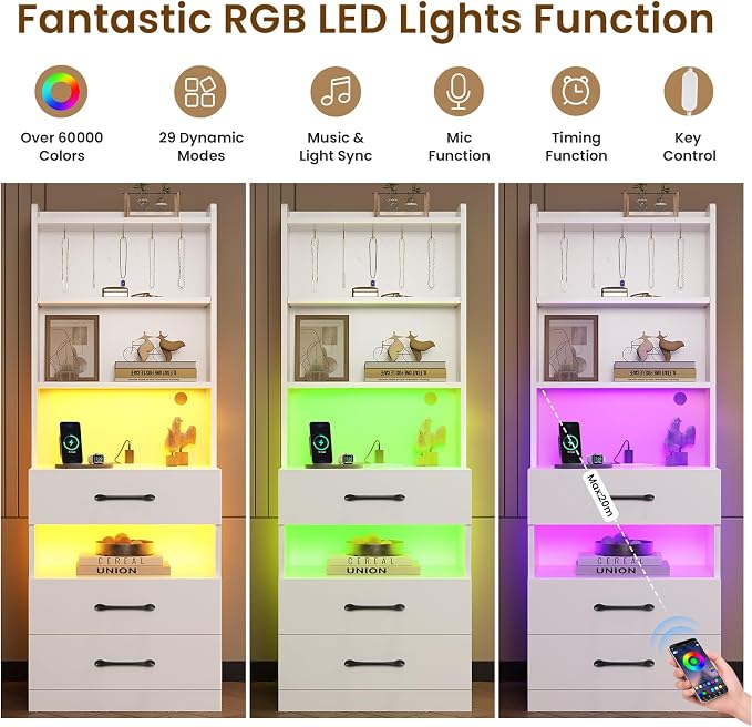 VIAGDO Tall Nightstand Set of 2 with Charging Station and LED Lights, White Night Stand Set 2 with Bookshelf, Modern LED Bedside Tables with 3 Drawers and Storage Shelves, Side Tables for Bedrooms - Image 5