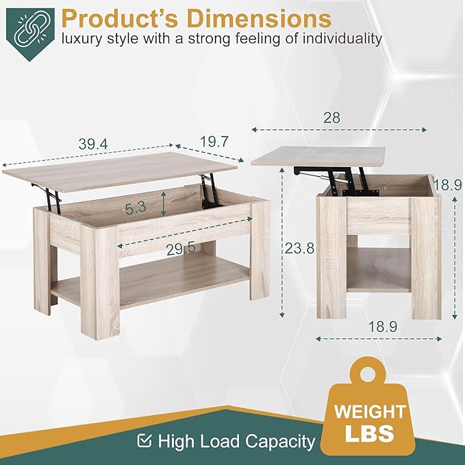 PayLessHere 39.4" Coffee Table Lift Top Coffee Tables with Hidden Compartment and Storage Shelf Wooden Lift Tabletop Dining Table for Living Room Home Small Space, Natural