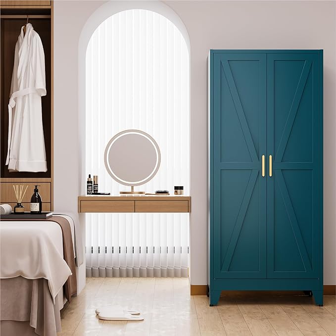 71" Tall Metal Armoire Wardrobe Closet with Hanging Rod and 3 Adjustable Shelves,Blue Storage Cabinet,Steel Wardrobe for Bedroom Garage Laundry Room Office Apartment Amployees,6 Tier,1 Pack