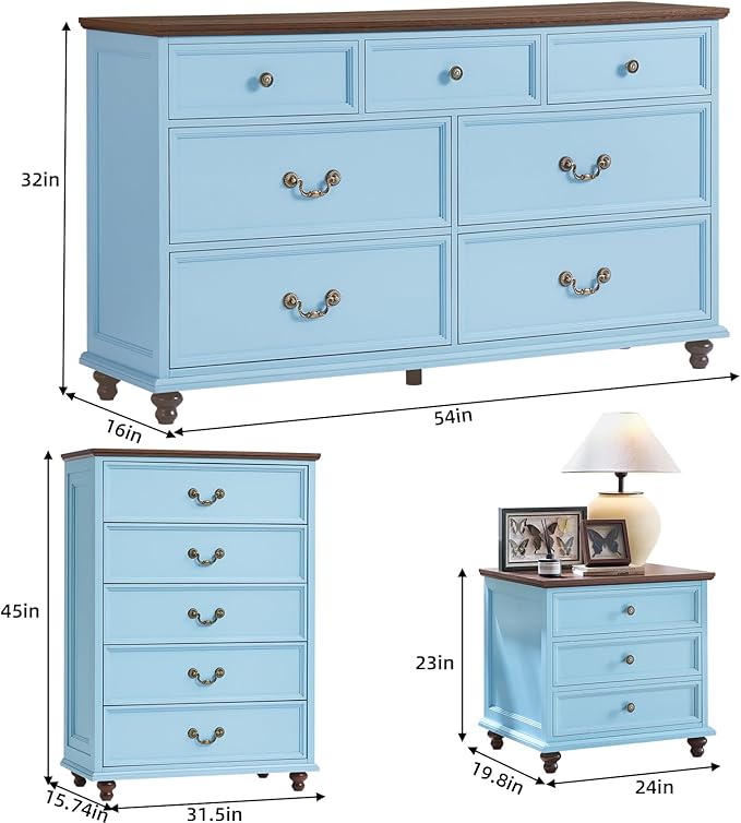 Joaxswe 24" Wide Farmhouse Nightstand Set of 2, 54" 7 Drawers Dresser, 45" Tall Rustic Chests of 5 Drawers w/ 4 Solid Wood Feet, Farmhouse Furniture Series for Living Room,Bedroom,LightBlue