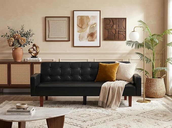 Modern PU Leather 3-Seat Couch, Adjustable Backrest Convertable Sofa, Sleek Minimalist Fold Out Couch Loveseat with Armrests, Sofa for Living Room Home Office Spaces, Black