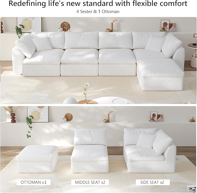 138" Modular Sectional Sofa Boneless Cloud Couch for Living Room, L Shape Deep Seat Recliner Sofa with Ottoman, Adjustable Backrest & 2 Throw Pillows - Covers Washable, (White, 4 Seater+1 Ottoman)