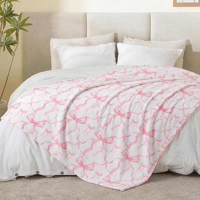 Buryeah Pink Bow Throw Blanket 60"x80" Ultra Soft Flannel Coquette Aesthetic Blanket for Girls Women Preppy Room Decor for Bed Sofa Spring Wedding Mother's Day Graduation Back to School Gift
