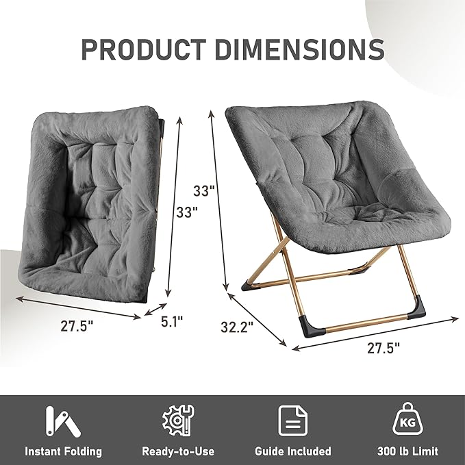 Youtanic Comfy Oversized Saucer Chair, Soft Faux Fur Reading Lounge Chair for Adults, Stable X-Large Metal Frame and Non-Slip Pad, Foldable Cozy Chairs for Bedroom, Living Room, Dorm, Dark Gray