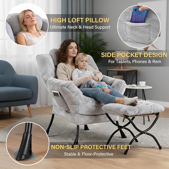 Plush Lazy Chair and Ottoman, Large Light Grey Contemporary Accent Chair with Side Pocket, Modern Leisure Upholstered Reading Armchair with Footrest for Office, Bedroom, Living Room, Balcony