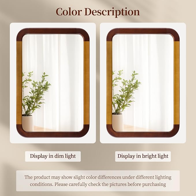 Bathroom Mirror 24 x 36 Inch,Brown Wood Rustic Rectangle Tempered Wall Mirror with Wood Frame,Round Corner Farmhouse Wooden Vanity Mirror for Living Room,Entryway or Bedroom（Walnut Brown） - Image 8