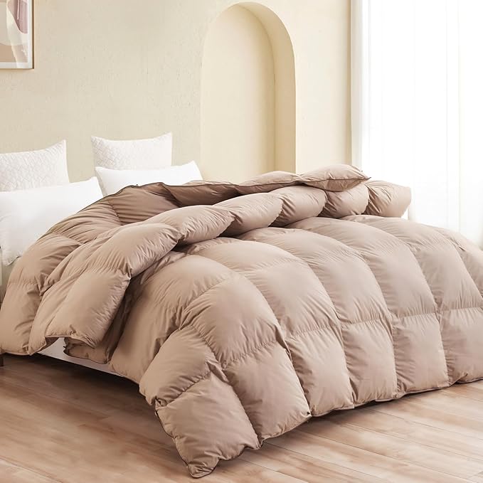 SNOWMAN Premium Down Comforter Cal King Size, Luxurious All Season Duvet Insert with Cotton Blended Fabric, 3D Baffle Box Design Hotel Bedding Comforter (Khaki,108"x98")