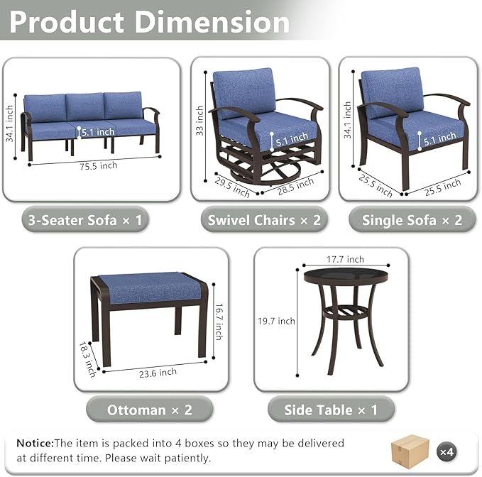 Patio Furniture Set 9-Seat Aluminum Armrest Sofa, Modern Outdoor Living Room Set with 2 Swivel Chairs, 5.1" Cushions, High Backrest & 2 Footstools, Backyard, Poolside - Blue