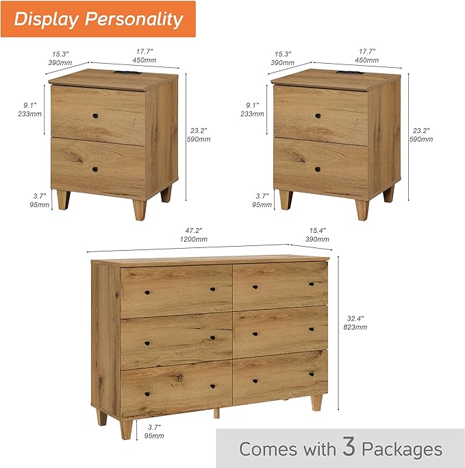 WAMPAT Dresser and Nightstands Set of 3, 47.2 Inches Wood Dresser with 6 Drawers, 2 Pieces Nightstands with Drawers and Charging Stations, Bedroom Furniture Set, Oak Brown