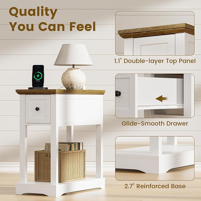 Nightstand Set of 2 with Charging Station, Side Table with Storage, Thicken Base, for Bedroom, Rustic Brown and White - Image 8