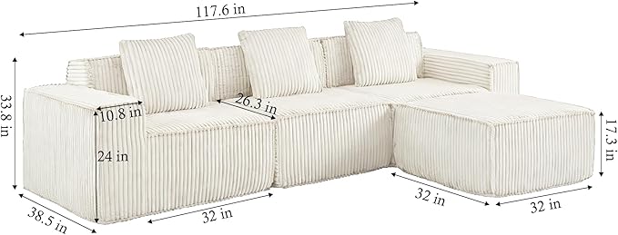 L-Shaped Corner Corduroy Sectional Sofa 4 Seat Modular Boneless Sofa Foam Cloud Couch with Movable Ottoman and Toss Pillows,Modern Deep Seat Convertible Chaise Sofa
