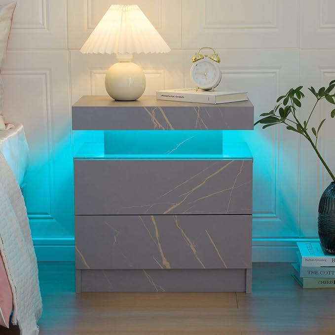 Bingoday LED Nightstand,Modern Night Stand with 2 Drawers,Bedside Table with LED Lights,End Side Table for Bedroom by Bingoday