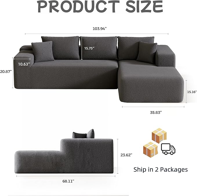 L-Shape Cloud Sectional Sofa, 104” Modern Modular Boneless Couch with Left Chaise Lounge, Compressed Floor Sofa with 5 Pillows & Deep Seat, Rain Drop Velvet Couch for Living Room, Dark Gray