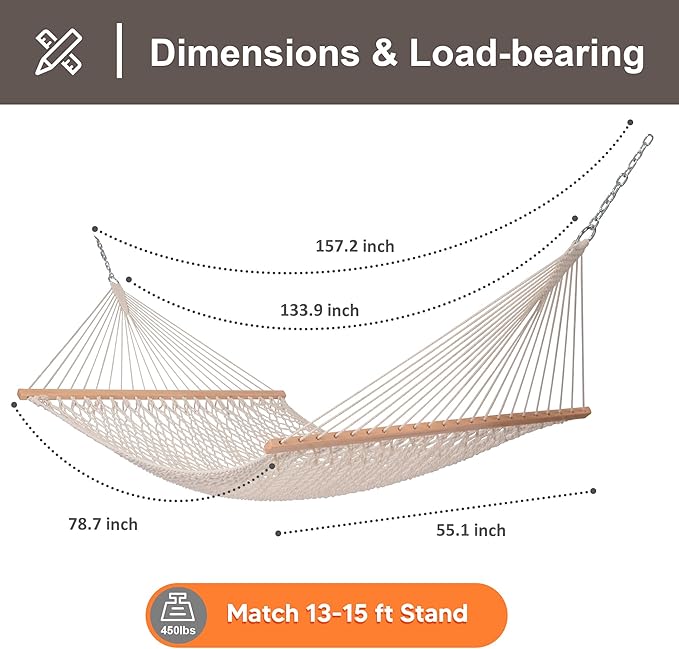 SUNCREAT Hammocks Traditional Rope Double Hammock with Hardwood Spreader Bar and Carrying Bag, 450 lbs Capacity, Natural - Image 2